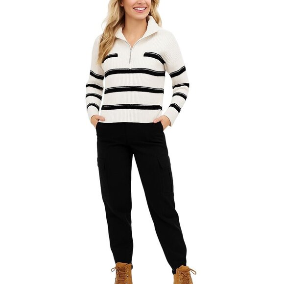 Laundry By Shelli Segal Medium Striped Half-Zip Ribbed Sweater White & Black - Picture 1 of 15